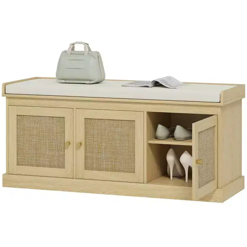 Banc de rangement pour chaussures de style campagnard avec portes en rotin tressé, petit banc d'entrée avec coussin en lin amovible pour petits espaces