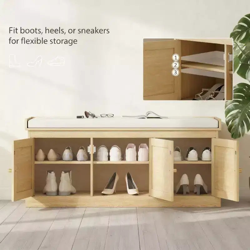 Banc de rangement pour chaussures de style campagnard avec portes en rotin tressé, petit banc d'entrée avec coussin en lin amovible pour petits espaces