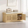 41 Country-Style Shoe Storage Bench with Woven Rattan Doors, Small Entryway Bench with Removable Linen Cushion for Small Spaces-Panipeachy