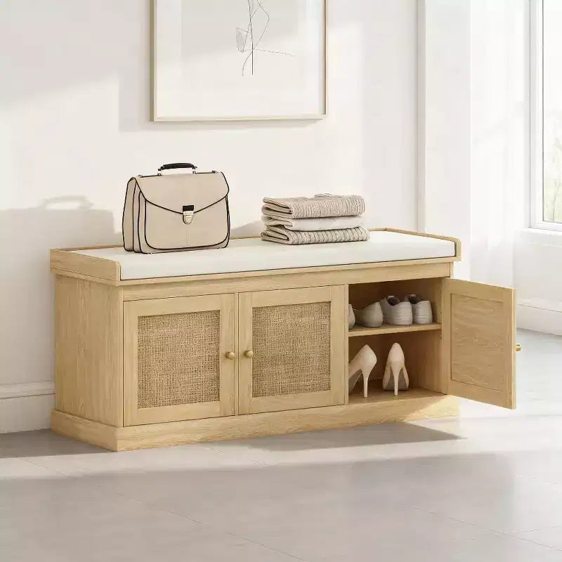 41 Country-Style Shoe Storage Bench with Woven Rattan Doors, Small Entryway Bench with Removable Linen Cushion for Small Spaces-Panipeachy