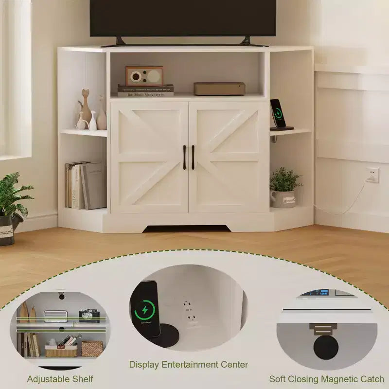 Meuble TV d'angle pour téléviseurs jusqu'à 55 pouces Meuble console média de style ferme avec portes de grange, étagères ouvertes et armoire de rangement, Blanc