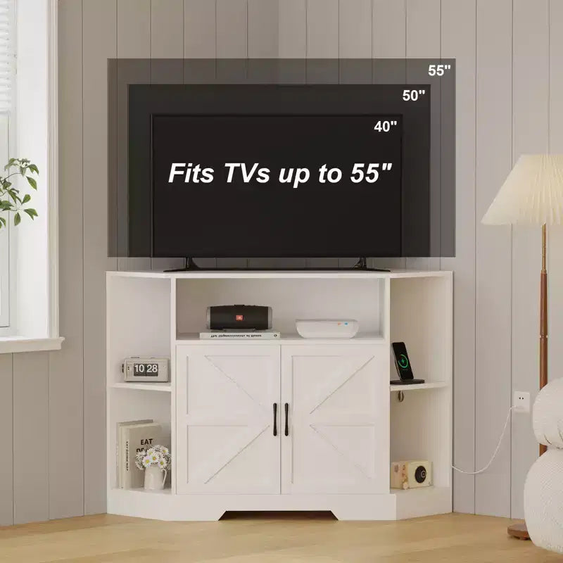 Meuble TV d'angle pour téléviseurs jusqu'à 55 pouces Meuble console média de style ferme avec portes de grange, étagères ouvertes et armoire de rangement, Blanc