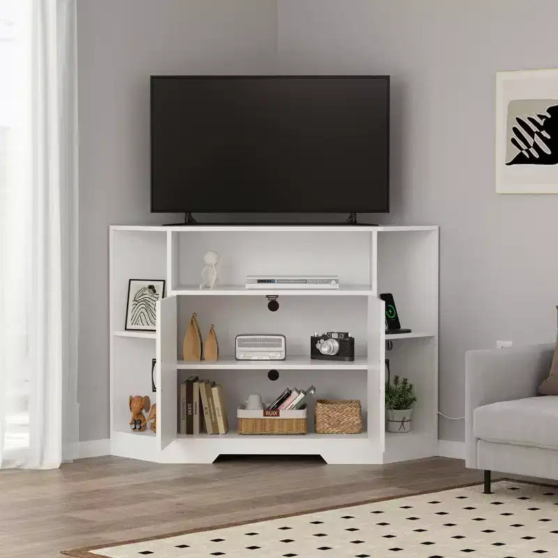 Meuble TV d'angle pour téléviseurs jusqu'à 55 pouces Meuble console média de style ferme avec portes de grange, étagères ouvertes et armoire de rangement, Blanc