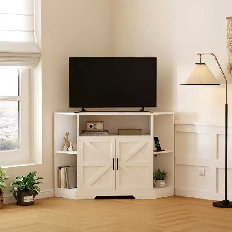 Meuble TV d'angle pour téléviseurs jusqu'à 55 pouces Meuble console média de style ferme avec portes de grange, étagères ouvertes et armoire de rangement, Blanc