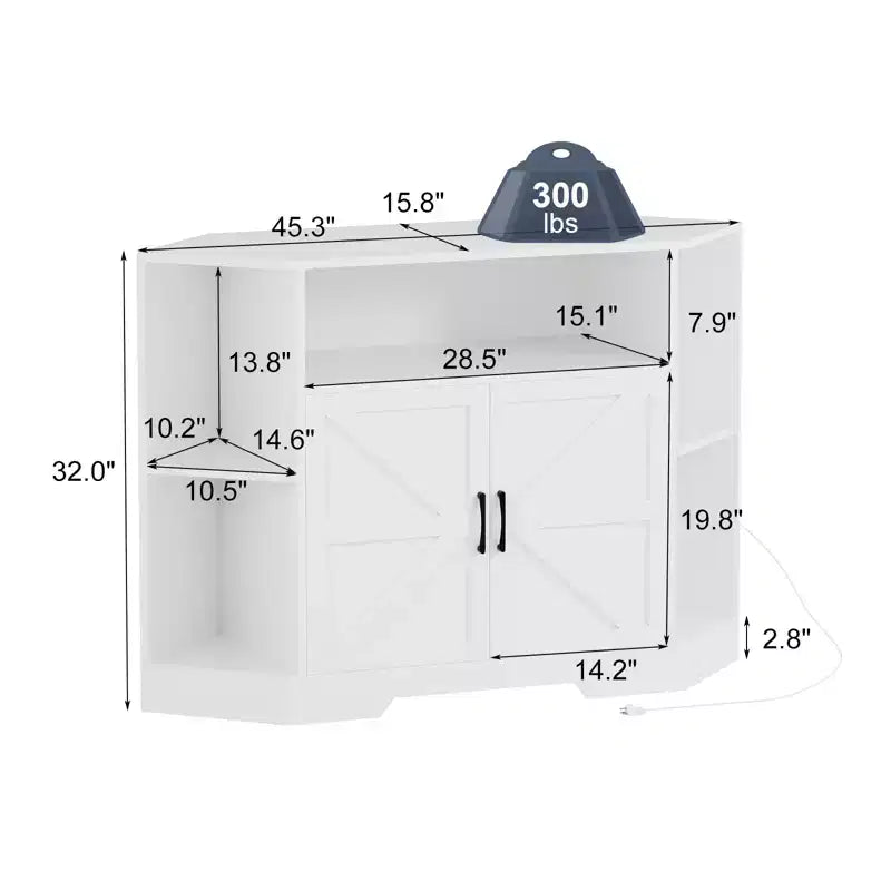 Meuble TV d'angle pour téléviseurs jusqu'à 55 pouces Meuble console média de style ferme avec portes de grange, étagères ouvertes et armoire de rangement, Blanc