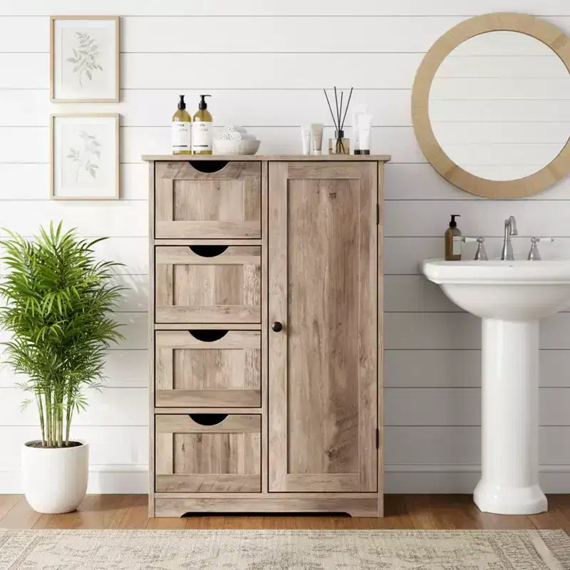 Washed Gray Bathroom Storage Cabinet with 4 Drawers and 1 Door