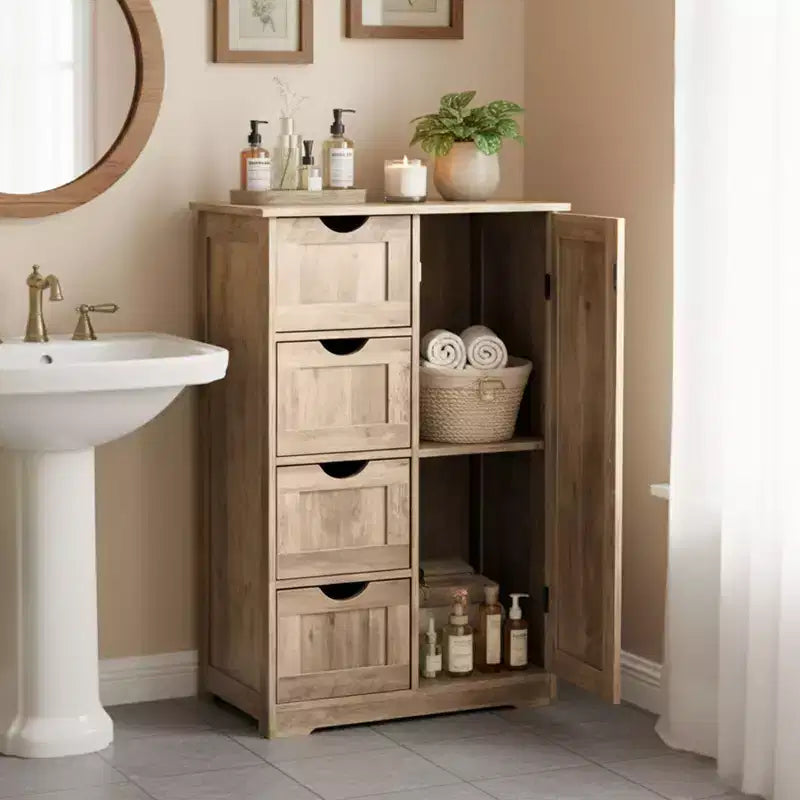 Meuble de Rangement de Salle de Bain Gris Lavé avec 4 Tiroirs et 1 Porte