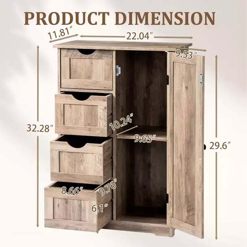 Meuble de Rangement de Salle de Bain Gris Lavé avec 4 Tiroirs et 1 Porte