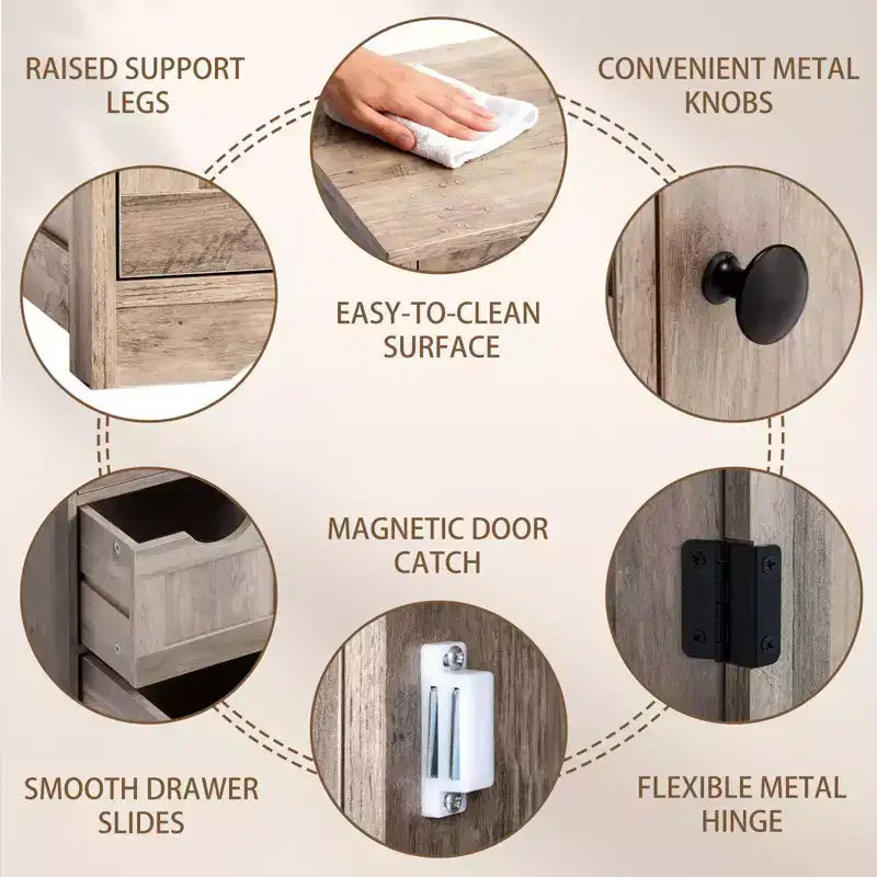 Meuble de Rangement de Salle de Bain Gris Lavé avec 4 Tiroirs et 1 Porte