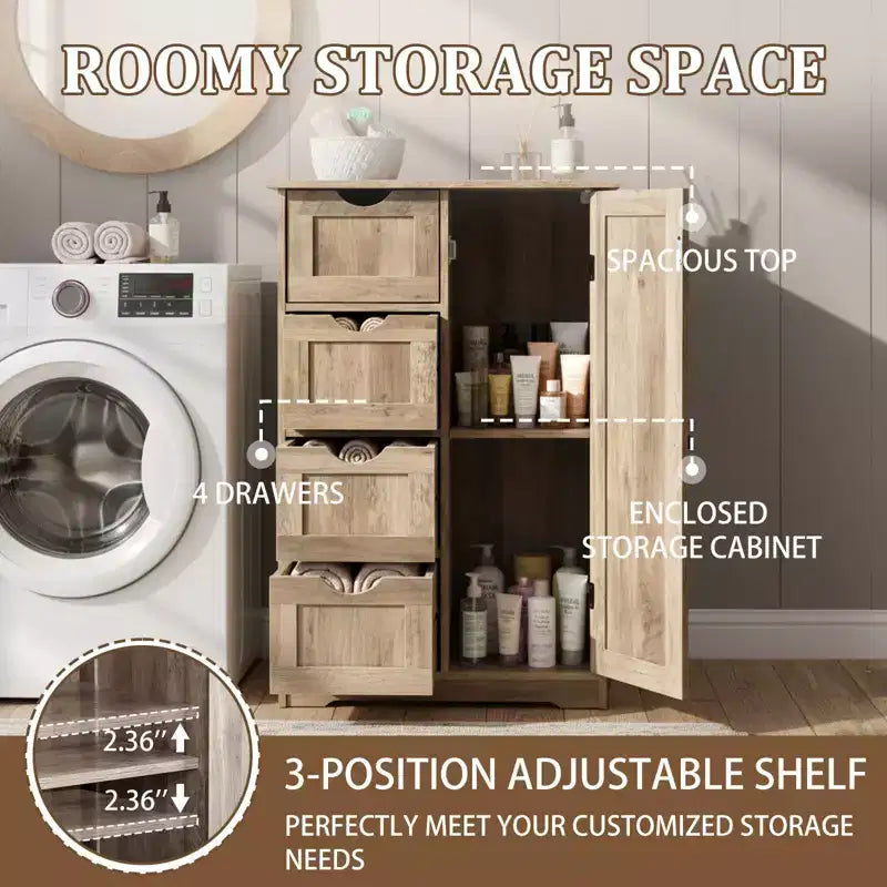 Meuble de Rangement de Salle de Bain Gris Lavé avec 4 Tiroirs et 1 Porte