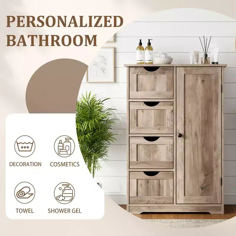 Meuble de Rangement de Salle de Bain Gris Lavé avec 4 Tiroirs et 1 Porte