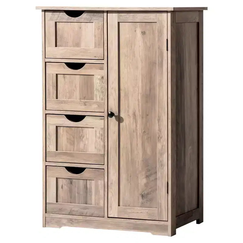 Meuble de Rangement de Salle de Bain Gris Lavé avec 4 Tiroirs et 1 Porte