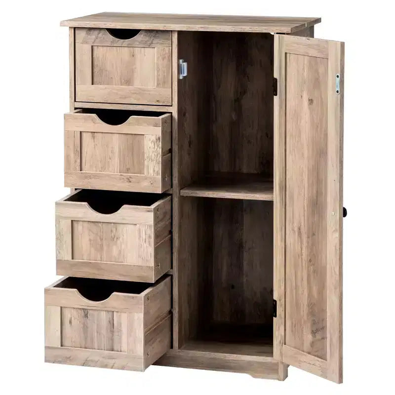 Meuble de Rangement de Salle de Bain Gris Lavé avec 4 Tiroirs et 1 Porte