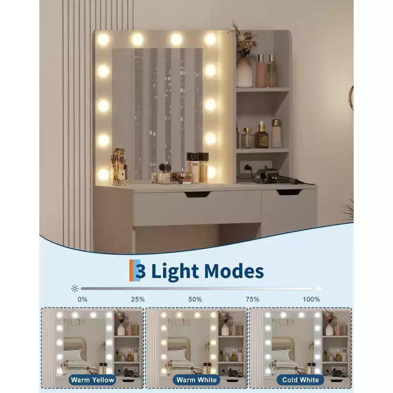 Coiffeuse avec miroir et lumière, prise de courant intégrée, port USB et lumière LED réglable, coiffeuse de chambre à coucher