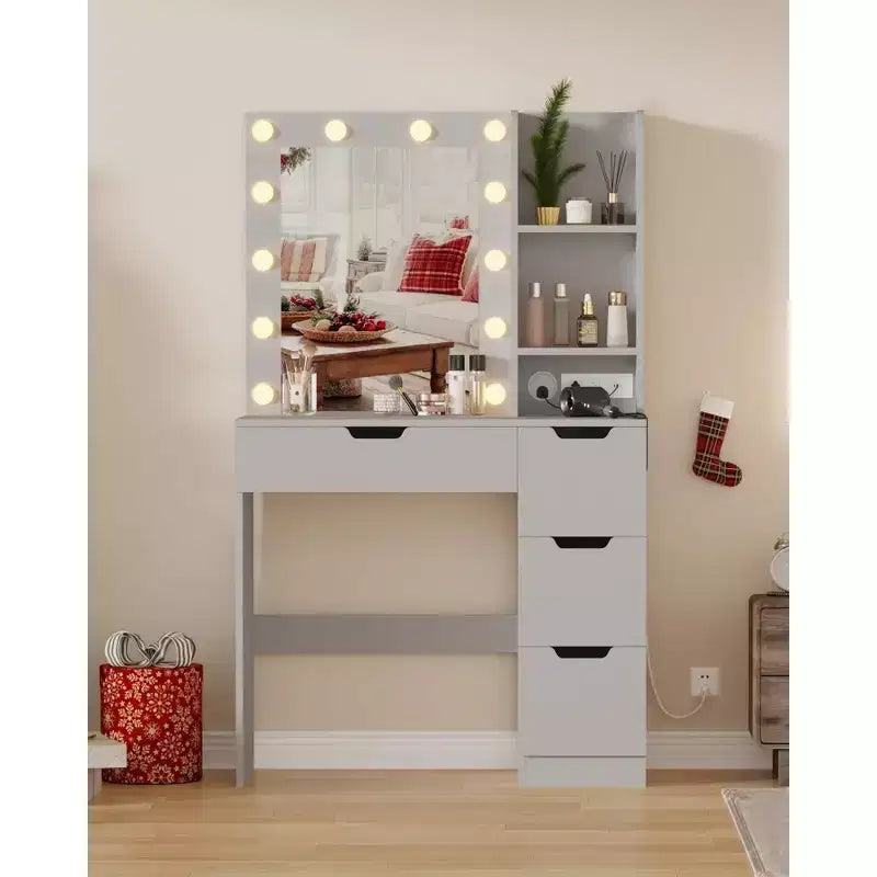 Coiffeuse avec miroir et lumière, prise de courant intégrée, port USB et lumière LED réglable, coiffeuse de chambre à coucher