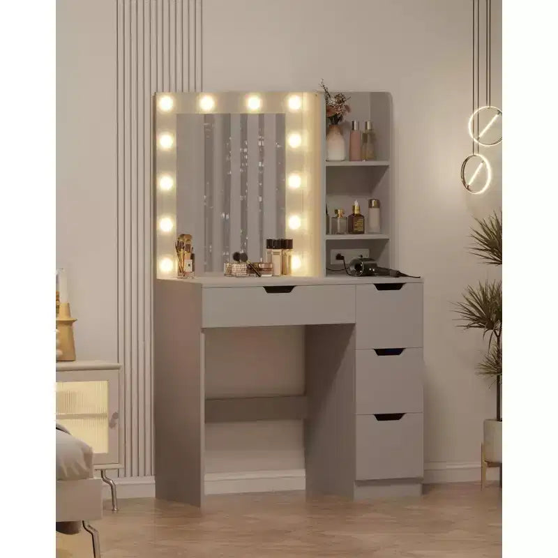 Coiffeuse avec miroir et lumière, prise de courant intégrée, port USB et lumière LED réglable, coiffeuse de chambre à coucher
