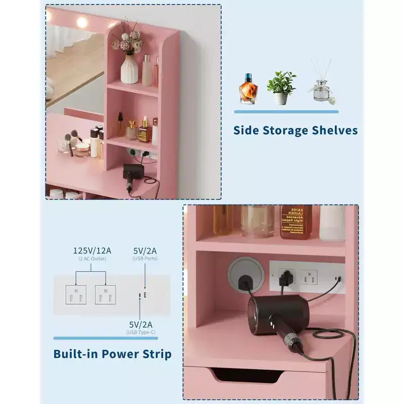 Coiffeuse avec miroir et lumière, prise de courant intégrée, port USB et lumière LED réglable, coiffeuse de chambre à coucher