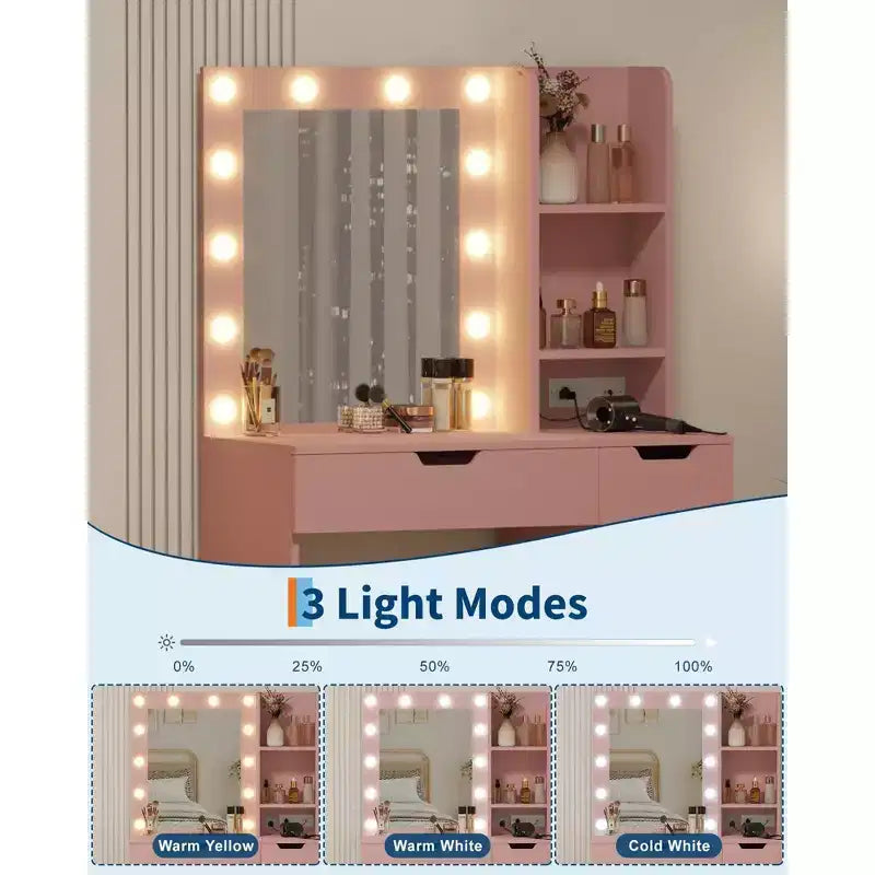 Coiffeuse avec miroir et lumière, prise de courant intégrée, port USB et lumière LED réglable, coiffeuse de chambre à coucher