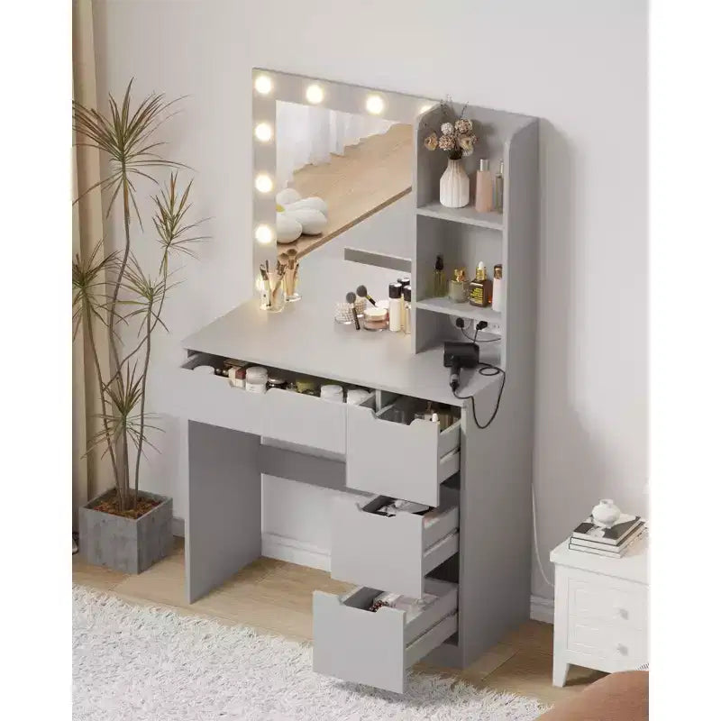 Dressing Table, Vanity Table with Mirror and Light, Built-in Power Outlet, USB Port, and Adjustable LED Light, Bedroom Dressing Table