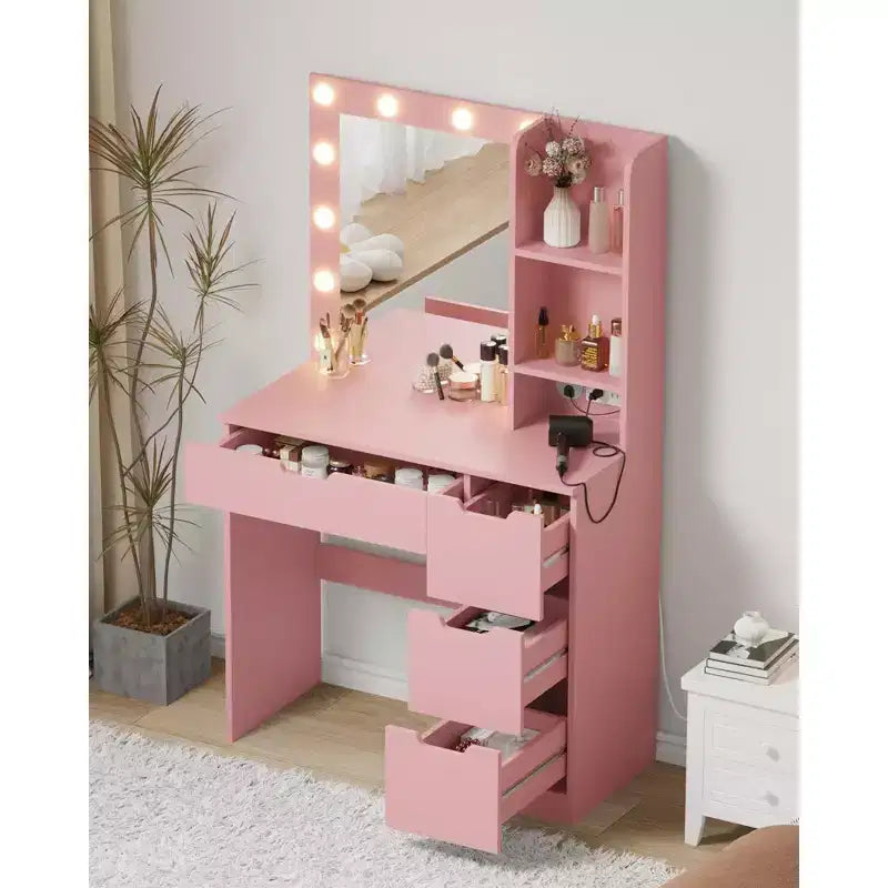 Coiffeuse avec miroir et lumière, prise de courant intégrée, port USB et lumière LED réglable, coiffeuse de chambre à coucher
