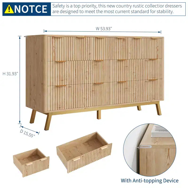 Commode 6 tiroirs cannelés, commode de rangement moderne en bois de 152 cm de large pour chambre à coucher, salon, entrée