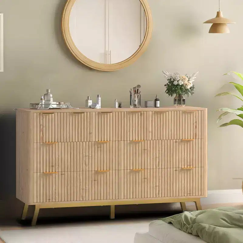 Commode 6 tiroirs cannelés, commode de rangement moderne en bois de 152 cm de large pour chambre à coucher, salon, entrée