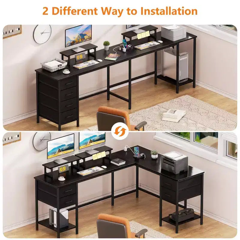 Bureau d'ordinateur en L noir de 168 cm avec station de charge, bureau de jeu de 240 cm de long pour deux personnes, 4 tiroirs, 2 supports d'écran, rangement pour bureau à domicile