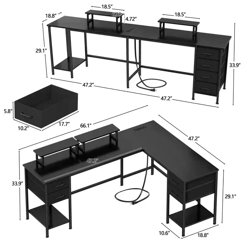 Bureau d'ordinateur en L noir de 168 cm avec station de charge, bureau de jeu de 240 cm de long pour deux personnes, 4 tiroirs, 2 supports d'écran, rangement pour bureau à domicile