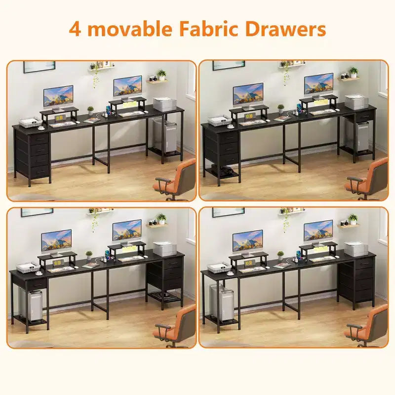 Bureau d'ordinateur en L noir de 168 cm avec station de charge, bureau de jeu de 240 cm de long pour deux personnes, 4 tiroirs, 2 supports d'écran, rangement pour bureau à domicile