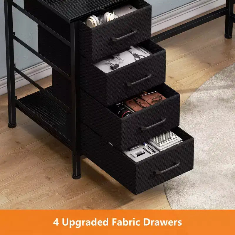 Bureau d'ordinateur en L noir de 168 cm avec station de charge, bureau de jeu de 240 cm de long pour deux personnes, 4 tiroirs, 2 supports d'écran, rangement pour bureau à domicile