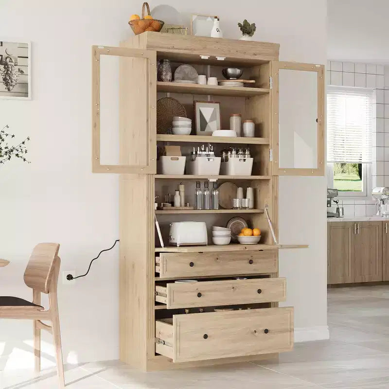 Meuble de rangement de cuisine de style campagnard autoportant avec 3 tiroirs, étagères réglables et prise de courant
