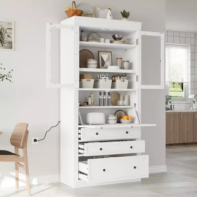 Meuble de rangement de cuisine de style campagnard autoportant avec 3 tiroirs, étagères réglables et prise de courant