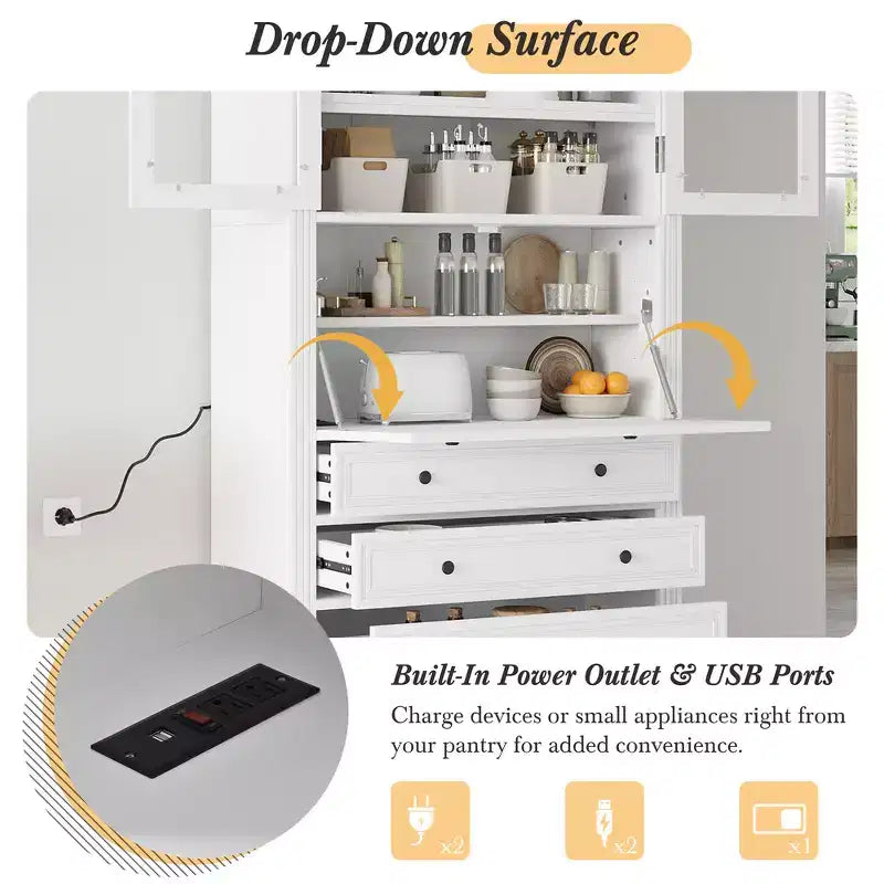 Meuble de rangement de cuisine de style campagnard autoportant avec 3 tiroirs, étagères réglables et prise de courant