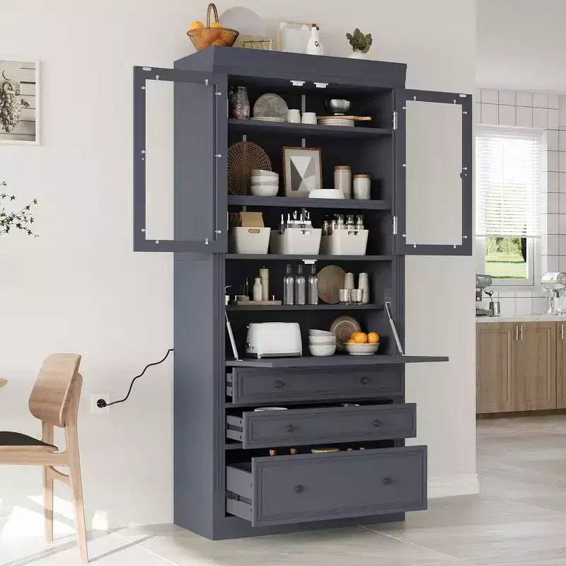 Meuble de rangement de cuisine de style campagnard autoportant avec 3 tiroirs, étagères réglables et prise de courant