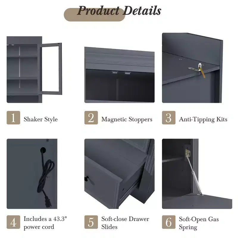 Meuble de rangement de cuisine de style campagnard autoportant avec 3 tiroirs, étagères réglables et prise de courant