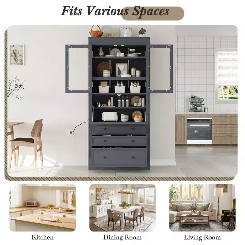 Meuble de rangement de cuisine de style campagnard autoportant avec 3 tiroirs, étagères réglables et prise de courant