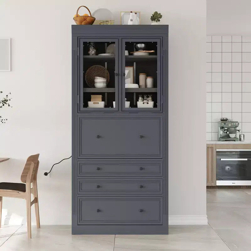 Zeus & Ruta 78 Freestanding Farmhouse Kitchen Pantry Cabinet with 3 Drawers, Adjustable Shelves and Power Outlet