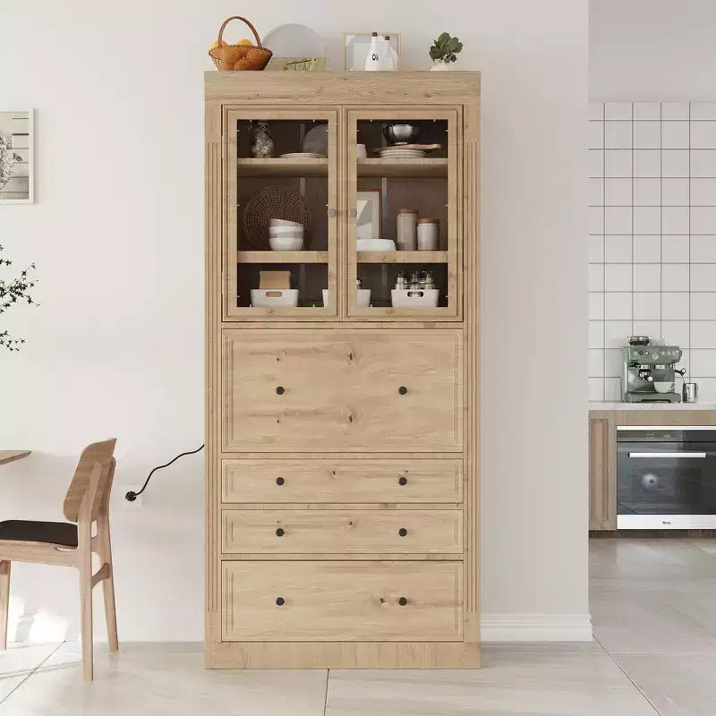Meuble de rangement de cuisine de style campagnard autoportant avec 3 tiroirs, étagères réglables et prise de courant