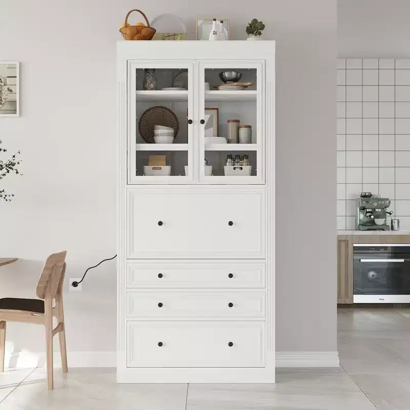Meuble de rangement de cuisine de style campagnard autoportant avec 3 tiroirs, étagères réglables et prise de courant