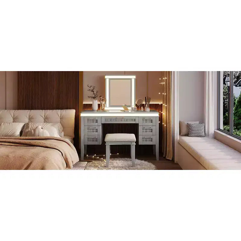 Coiffeuse moderne de 122 cm avec miroir éclairé, 7 tiroirs, tabouret assorti pour chambre à coucher, finition gris-bleu, éclairage dimmable