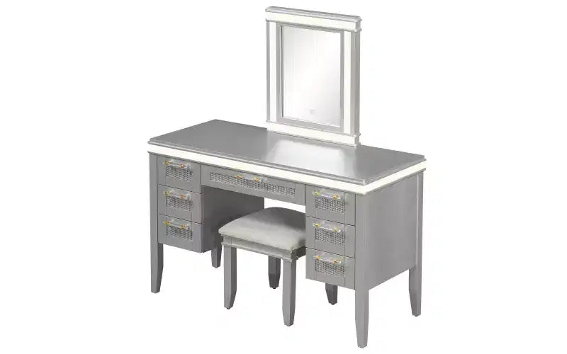 Coiffeuse moderne de 122 cm avec miroir éclairé, 7 tiroirs, tabouret assorti pour chambre à coucher, finition gris-bleu, éclairage dimmable