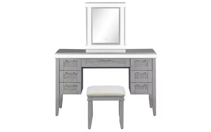 Coiffeuse moderne de 122 cm avec miroir éclairé, 7 tiroirs, tabouret assorti pour chambre à coucher, finition gris-bleu, éclairage dimmable
