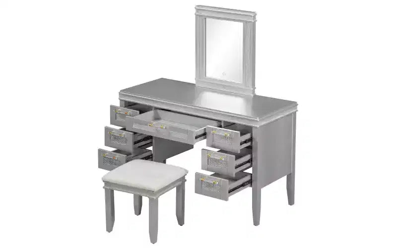 Coiffeuse moderne de 122 cm avec miroir éclairé, 7 tiroirs, tabouret assorti pour chambre à coucher, finition gris-bleu, éclairage dimmable