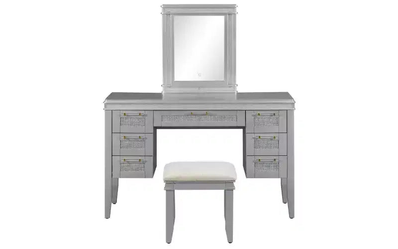 Coiffeuse moderne de 122 cm avec miroir éclairé, 7 tiroirs, tabouret assorti pour chambre à coucher, finition gris-bleu, éclairage dimmable
