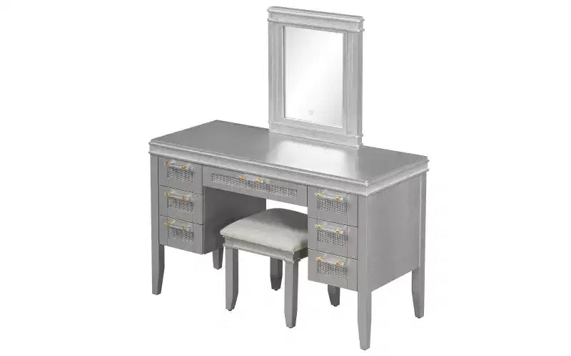 Coiffeuse moderne de 122 cm avec miroir éclairé, 7 tiroirs, tabouret assorti pour chambre à coucher, finition gris-bleu, éclairage dimmable