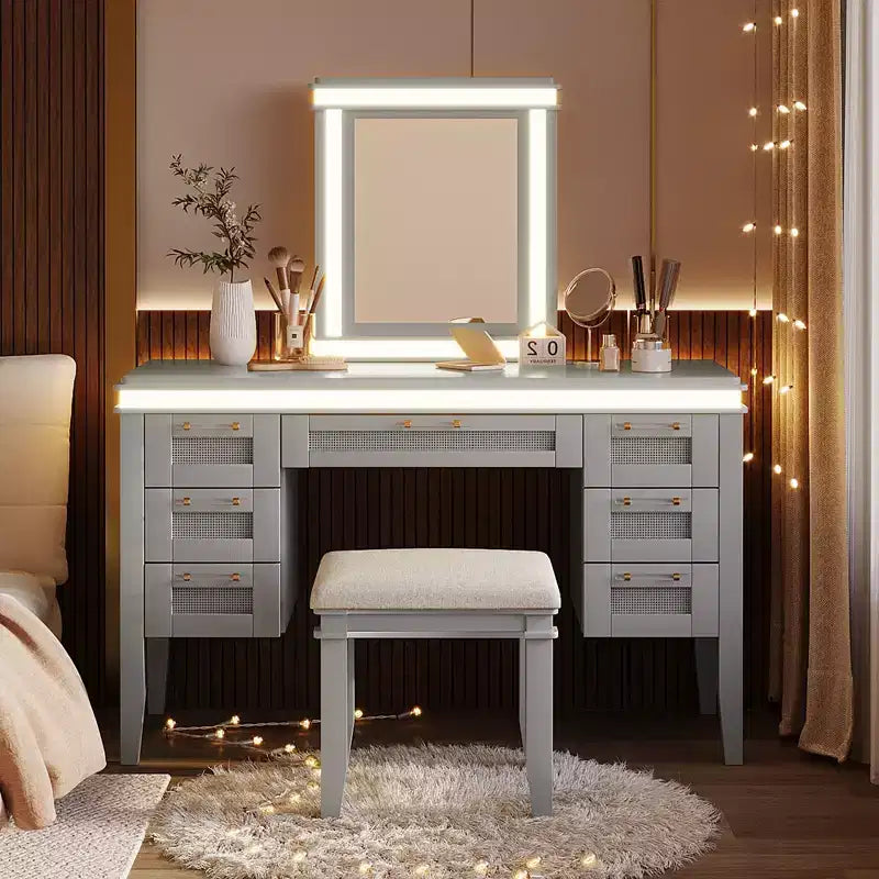 Coiffeuse moderne de 122 cm avec miroir éclairé, 7 tiroirs, tabouret assorti pour chambre à coucher, finition gris-bleu, éclairage dimmable