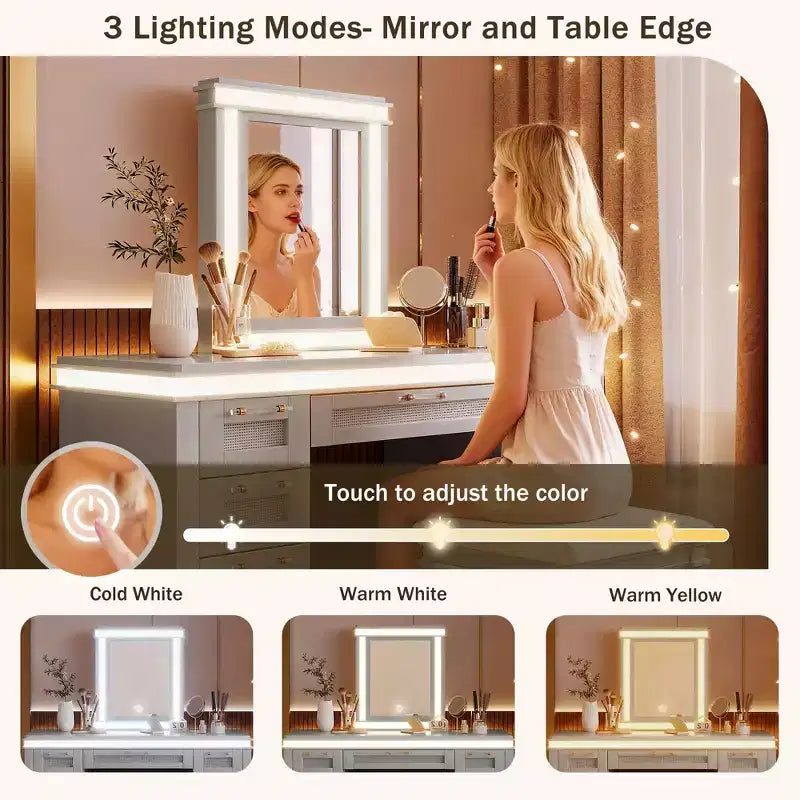 Coiffeuse moderne de 122 cm avec miroir éclairé, 7 tiroirs, tabouret assorti pour chambre à coucher, finition gris-bleu, éclairage dimmable