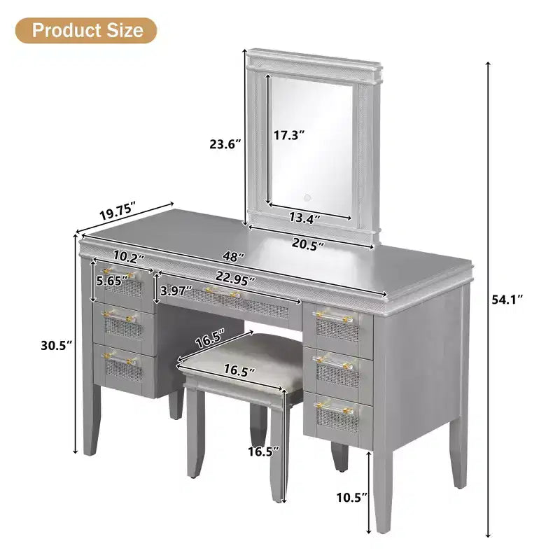 Coiffeuse moderne de 122 cm avec miroir éclairé, 7 tiroirs, tabouret assorti pour chambre à coucher, finition gris-bleu, éclairage dimmable
