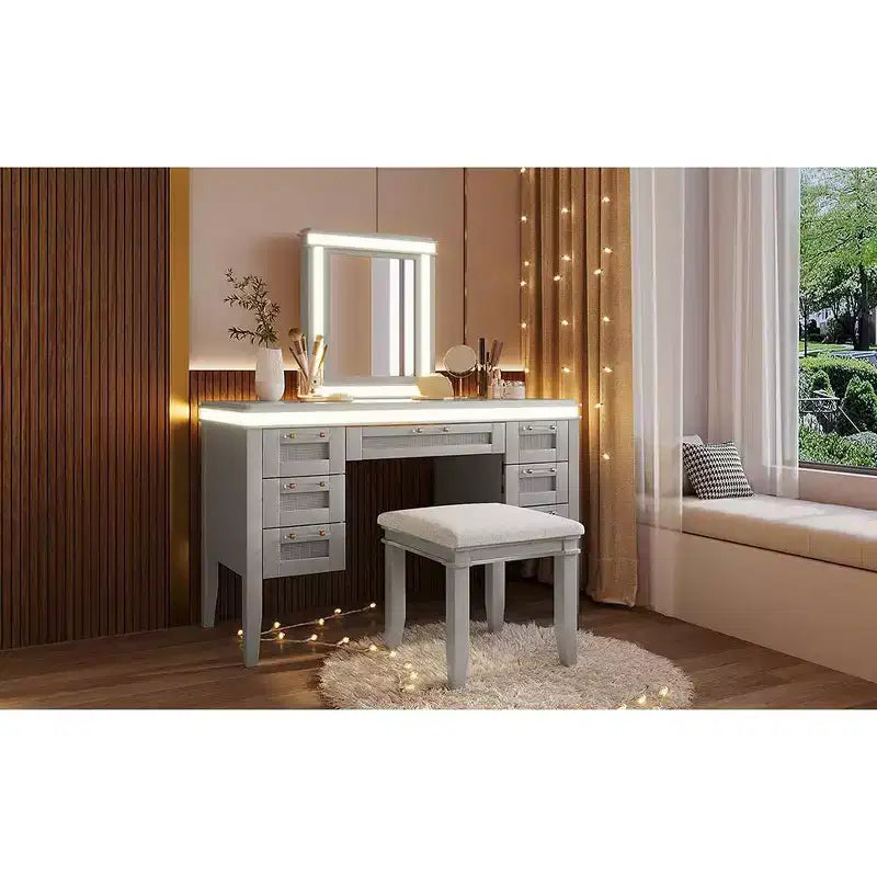 Coiffeuse moderne de 122 cm avec miroir éclairé, 7 tiroirs, tabouret assorti pour chambre à coucher, finition gris-bleu, éclairage dimmable
