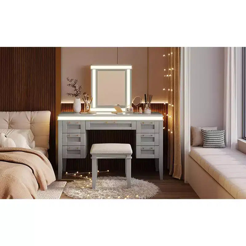 Coiffeuse moderne de 122 cm avec miroir éclairé, 7 tiroirs, tabouret assorti pour chambre à coucher, finition gris-bleu, éclairage dimmable